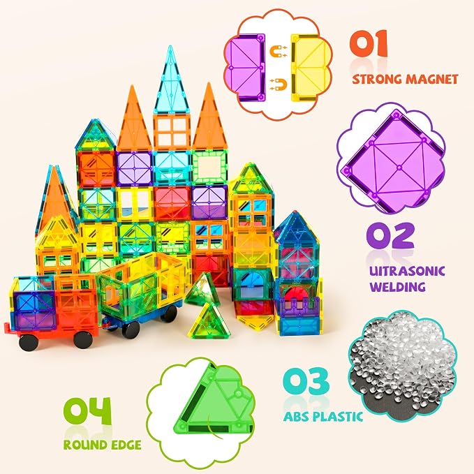 cossy 120Pcs Magnetic Tiles Magnetic 3D Building Blocks Set, Construction Toys for 3 4 5 6 7 8 Year Old Boy and Girl with Stronger Magnets, Educational Toys, Recreational, Conventional