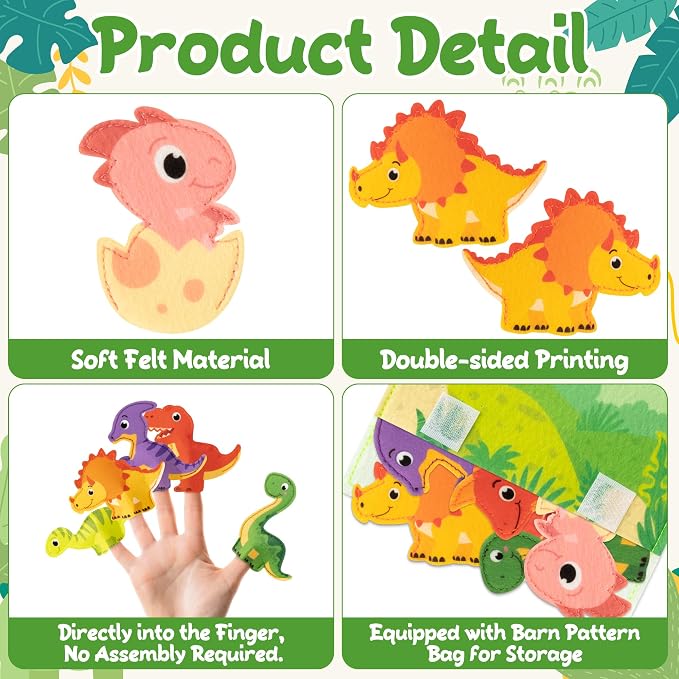 COcnny Dinosaur Finger Puppets Craft- 11pcs Dinosaur Felt Finger Puppet with Jungle Bag Set Making Crafts Kit for Kids, Make Your Own Story Telling Toys, Role Play for Boys Girls Toddles Ages 3-8
