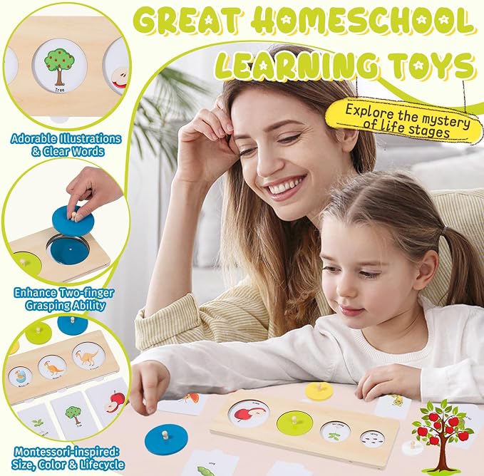 Wooden Circle Peg Puzzle with Mirror & 8 Life Cycles,First Baby Knob Puzzle | 32 Learning Cards for 8 Animal & Plant Life Cycles,Peekaboo Mirror Puzzle for Toddlers 1-3,Montessori Preschool Learning Toy