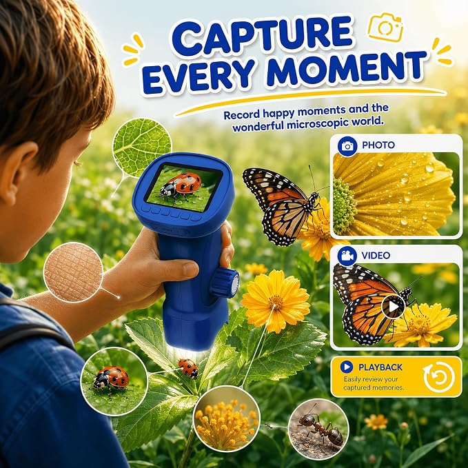 1000X Handheld Digital Microscope for Kids: Explorer 1080P Magnifying Glass | 2.4” IPS Portable Electronic STEM Outdoor Montessori Learning Toy, Birthday Gifts for 4 5 6 7 8-12 Year Old Boys Girls