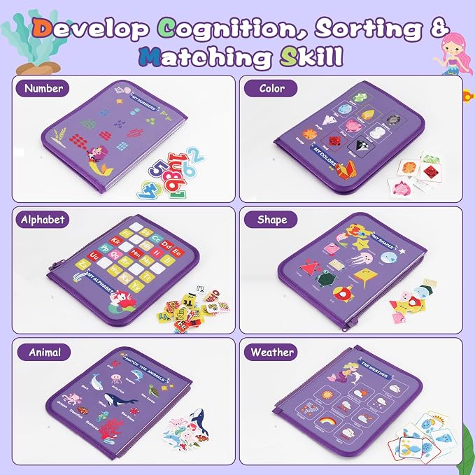 Montessori Busy Board for Toddlers 3-6, Soft Sensory Activity Book with Life Skills, Cognition, Sorting, Matching, Travel Toys for Airplane Car, Gift for Girls Boys 3+ Years Old (Mermaid)