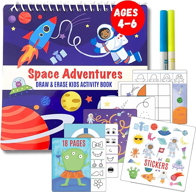 Totebook Dry Erase Activity Book for Kids - 18 Erasable Learning Games with Markers & Reusable Stickers, Travel Activities for Ages 4-6, Fits Case (Space Theme)
