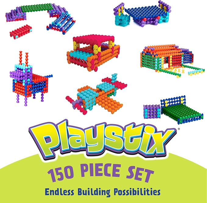 POPULAR PLAYTHINGS Playstix Construction Toy Set, 150 Piece Kit | for Kids Ages 4 and Up, Building Sticks for STEM and Classroom Use