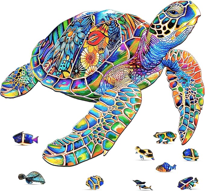 Unique Wooden Jigsaw Puzzles, 200 Pieces Sea Turtle Wood Puzzles for Kids Teens Adults, 11.5" x 11.3" Shaped Pieces, Fun Challenging Family Games for Kids and Teens, Gift Box Included