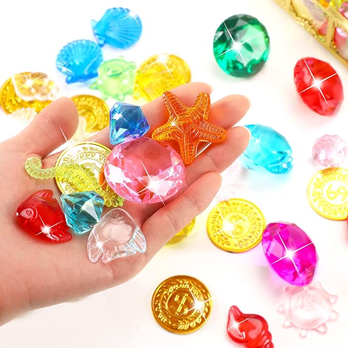 70 Pcs Diving Gem Pool Toys with 2 Treasure Pirate Boxes | Colorful Acrylic Diamonds, Fake Gemstones, Swim Underwater Toys, Pool Water Games, Summer Birthday Gift Party Decorations