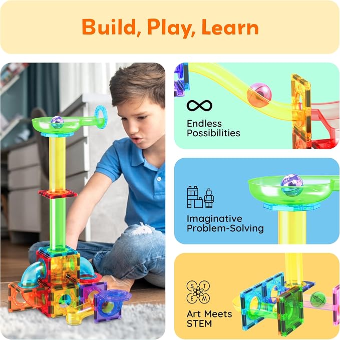 PicassoTiles 4pc Marbles for Magnetic Block Tiles Marble Run Race Track Magnet Building Tile Blocks Racetrack Maze Construction Toys Creative Toy Girls Boys 3 and Up Early Education STEM Learning Kit