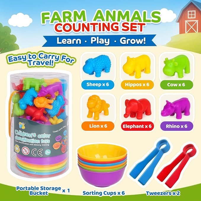 Counting Animals Montessori Toys, Color Sorting Learning Toys for Kids 3-5 | Sensory Bin Filler, Counting Bears, Fine Motor Skills, Preschool Educational Toy for 3 4 5 Year Old Boys Girls Birthday Gift