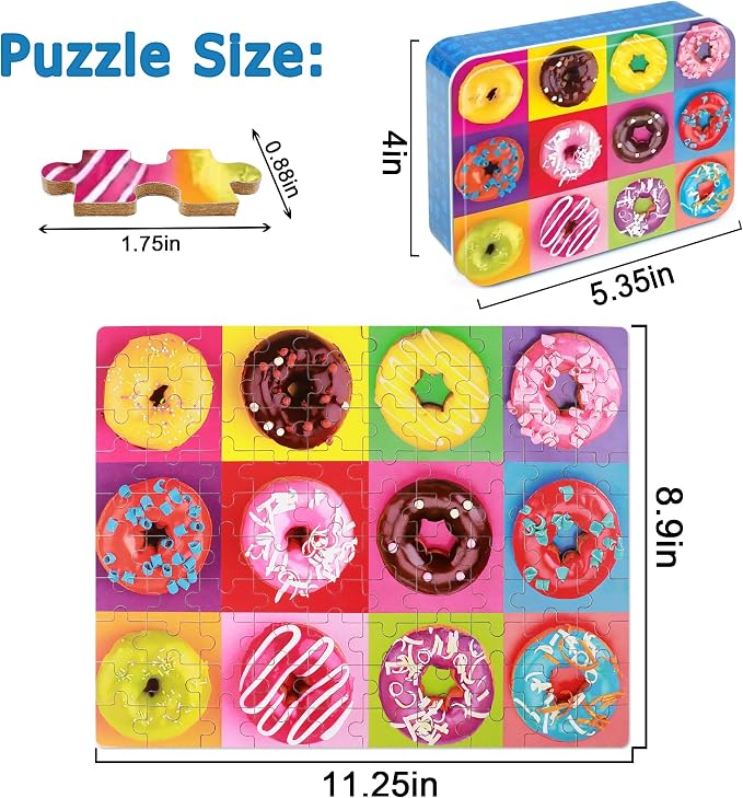 LELEMON Puzzles for Kids Ages 4-6,100 Piece Puzzles for Kids in Metal Box | Donut Puzzle Educational Kids Puzzles Jigsaw Puzzles for Kids Ages 6-8,100 Piece Puzzle Games Toys for Girls and Boys