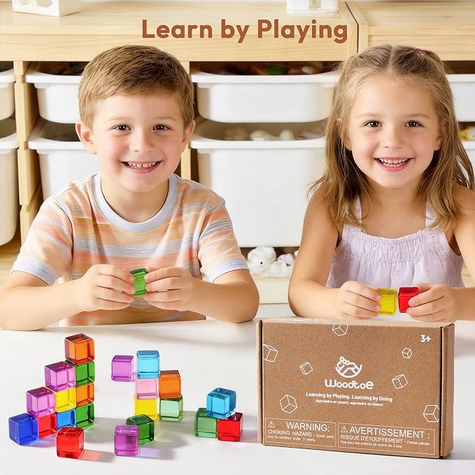 Woodtoe Rainbow Building Blocks for Toddlers, 24 PCS Gem Blocks for Kid 3-6 | Acrylic Blocks, Montessori Stacking Toy for 3 4 5 6 Year Old, Educational STEM Creative Sensory Toy Gifts for Kids Boys Girls
