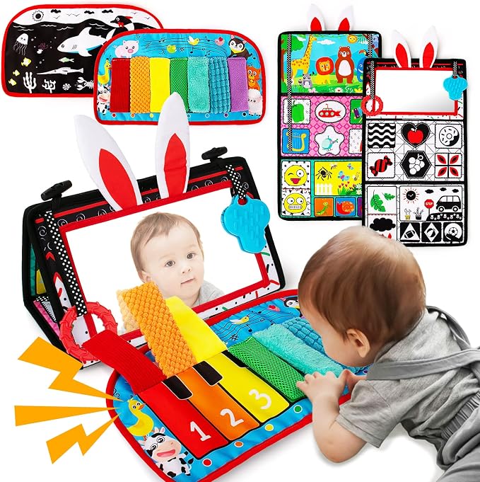Tummy Time Baby Mirror Toys, Tummy Time Mat, Black and White High Contrast | Tabletop Mount Baby Newborn Toys 0 3 6 Months Brain Development, Sensory Texture Piano Infant Toys 0 3 6 Months with Squeaker