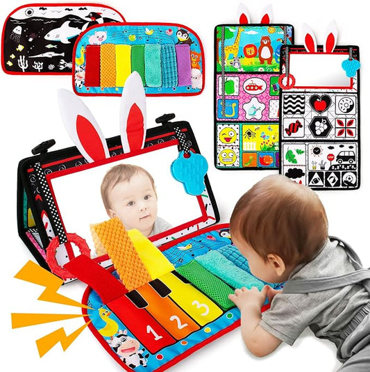 Tummy Time Baby Mirror Toys, Tummy Time Mat, Black and White High Contrast | Tabletop Mount Baby Newborn Toys 0 3 6 Months Brain Development, Sensory Texture Piano Infant Toys 0 3 6 Months with Squeaker