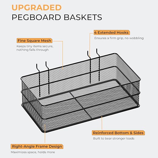 INCLY 4 Pack Upgrade Pegboard Baskets, 4 Sizes Square Metal Mesh Basket | Peg Board Organizer Accessories, For Garage Craft Room Office Kitchen, Pegboard Baskets and Bins