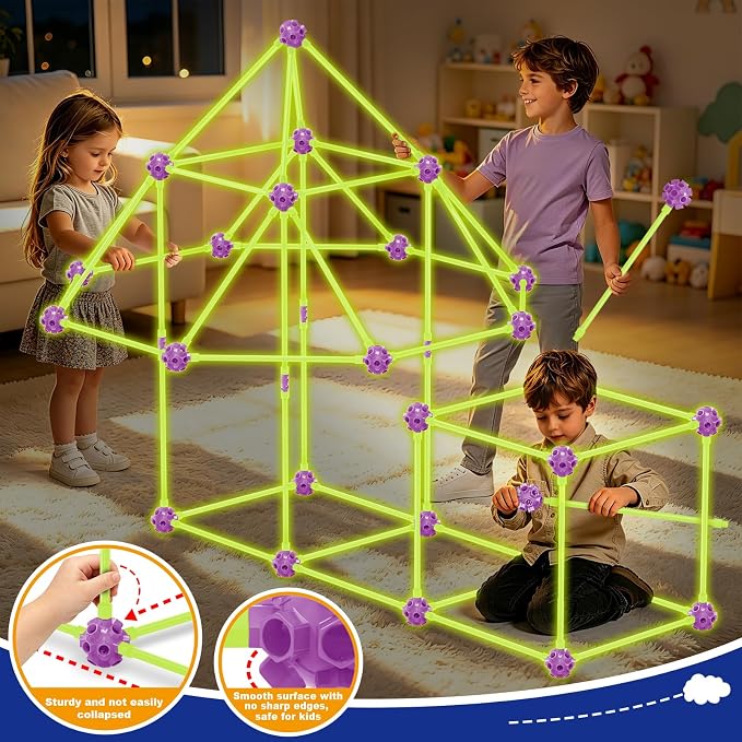 Glow In The Dark Fort Building Kit for Kids, STEM Building Toys, Kids Fort | DIY Castles Play Tent Tunnels, kids Creative Construction Toys Set, Christmas Birthday Gifts for Boys & Girls, 140 Pcs