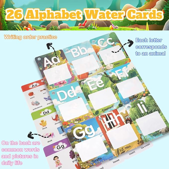 Alphabet Water Coloring Books for Toddlers - Painting Water Coloring Sorting Flash ABC Learning Cards, Mess Free Water Art Book Gift for 3 4 5 Year Old Kids, Travel Activity Toys (Animal)