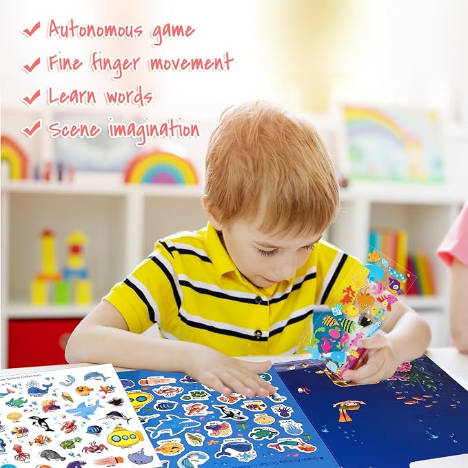 ASTARON Reusable Puffy Sticker Book，88 pcs Ocean Stickers Educational Toy | 88 pcs Reusable Sticker,Waterproof Jelly Stickers, Portable Travel Toys,Educational Sensory Learning Toy,Gift for Boy Girl