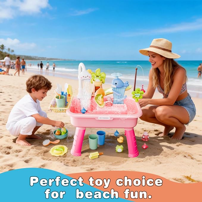 Toddler Water Table for 1-3 Year Old - Upgraded Electric Pump Water Toys, Outdoor Sensory Play Sand & Water Table, Kitchen Sink Toy with Running Water & Fishing Game, Summer Gifts for Boys Girls(Pink)