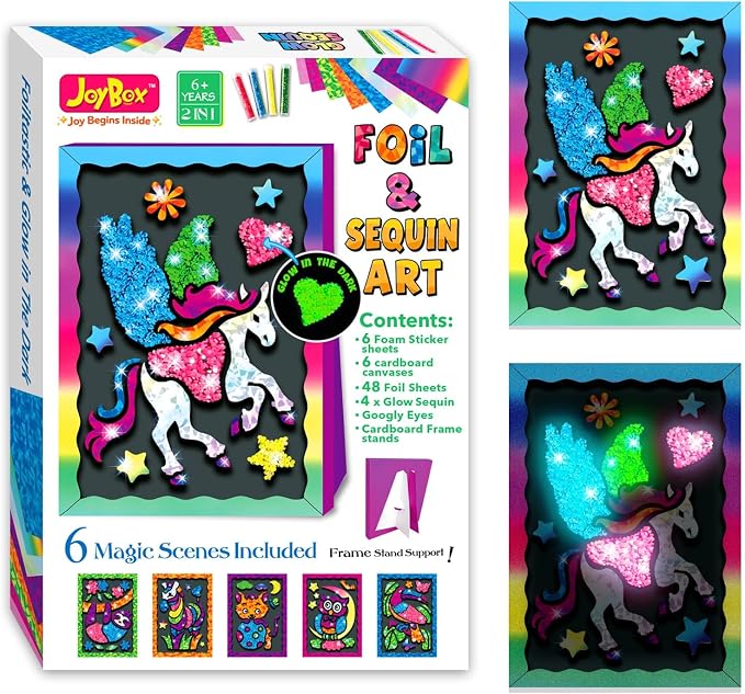JoyBox Foil Fun–DIYKids Paper Foil Art Craft Kit for&Travel Screen-Free Fun | Birthday Party Gifts for Ages 4-9 and Up,Art Travel Toys for Boys Girlsmagical unicorn‑themedincludes glow‑in‑the‑dark