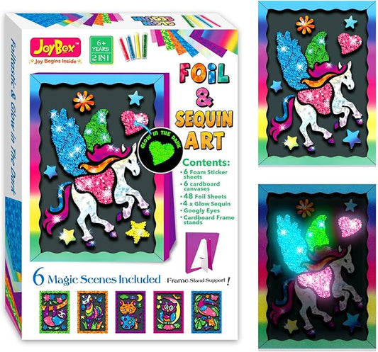 JoyBox Foil Fun–DIYKids Paper Foil Art Craft Kit for&Travel Screen-Free Fun | Birthday Party Gifts for Ages 4-9 and Up,Art Travel Toys for Boys Girlsmagical unicorn‑themedincludes glow‑in‑the‑dark