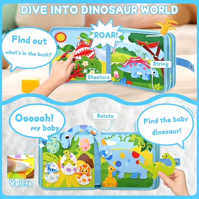 Dinosaur Educational Book for Toddlers 1-3, Montessori Quiet Toy & Busy Board for Kids, Travel Toys with Life Skills & Educational Games for Boys and Girls