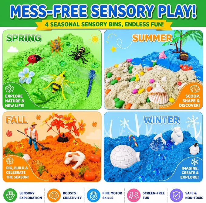 AGENTLAN Seasons Stackable Sensory Bin, Mini Sandbox for Boys and Girls | Spring,summer, fall, winter, sensory toys with sensory sand, gift for toddlers ages 3 4 5 6 7 8+