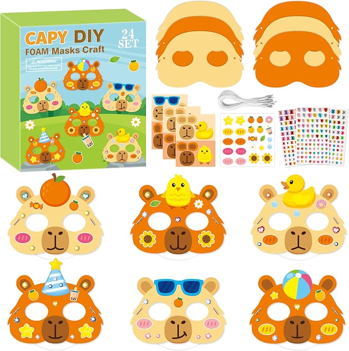 WATINC Capy Theme Bara Mask - 24pcs Make Your Own Cartoon Animal Foam Mask Craft Kit for Kids, Capy Character DIY Set with Diamond Stickers for Birthday Cosplay Party Supplies Photo Prop Boys Girls
