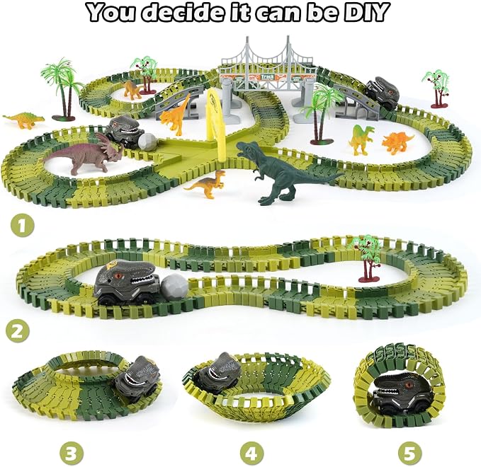 Dinosaur Race Car Track Toys for Kids, Birthday Gifts for 3 4 5 6 7 Year Old Boys Girls, 255+ PCS Dinosaur World Adventure Building Playset with Flexible Track, DIY A Dinosaur World Road Race
