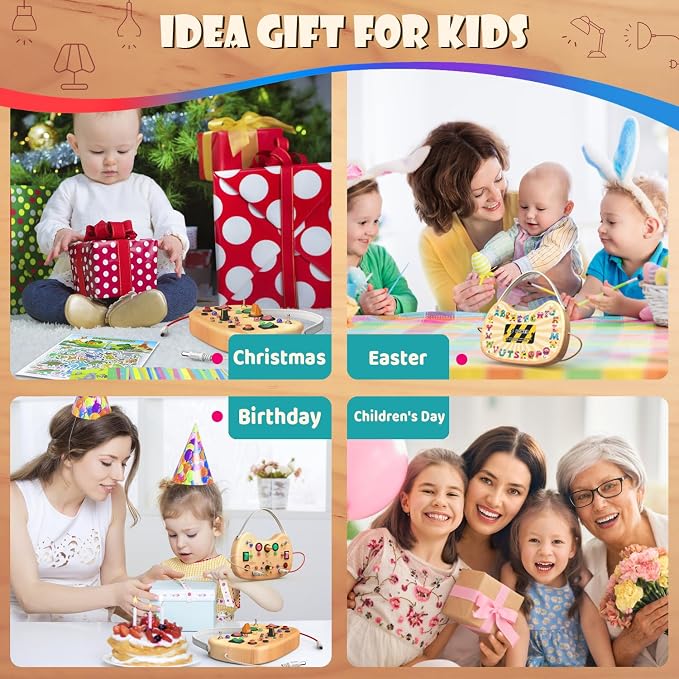 UdoUto Montessori Wooden Busy Board for Toddlers with LED Lights & Switches | Portable Activity Board, Car & Airplane Travel Toys Christmas & Birthday Gift for 1-3 Year Old Boys & Girls