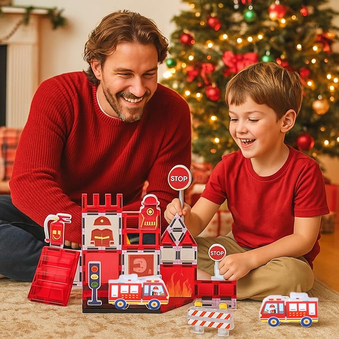 Firefighter Magnetic Tiles for Toddlers 3-5 – STEM Building Blocks Set with Fire Truck, Hydrant, Extinguisher & Storage Bag, Fire Station Creative Play for Boys & Girls, Christmas Birthday Gift