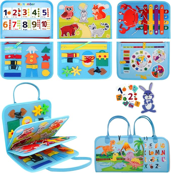 MEGRANATE Montessori Busy Board, Busy Book Educational Learning Toys for Kids Quiet Book Activity Books Fine Motor Skills Toys for 3+ Year Old Kids (Blue)