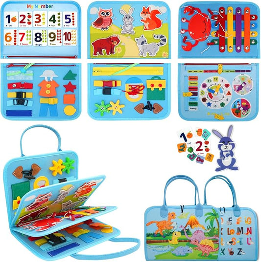 MEGRANATE Montessori Busy Board, Busy Book Educational Learning Toys for Kids Quiet Book Activity Books Fine Motor Skills Toys for 3+ Year Old Kids (Blue)