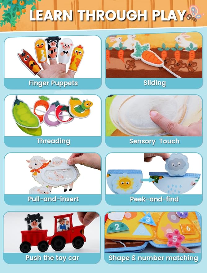 Busy Book for Toddler, Montessori Toys Busy Board, Farm Quiet Book | Travel toys, Learning activity, Travel essential, Boys Girls birthday gift, Soft felt book, BPA-free, Non-toxic, Screen-free