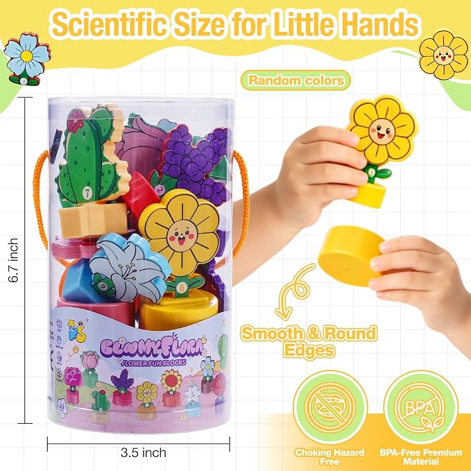 TSYAN Montessori STEM Toys Gift for Toddlers, Bloomy Flora Shape Color Number Sorting Matching Game, Educational Fine Motor Skills Learning Flower Blocks with Storage Tube for Boys Girls 2-4 Year Old