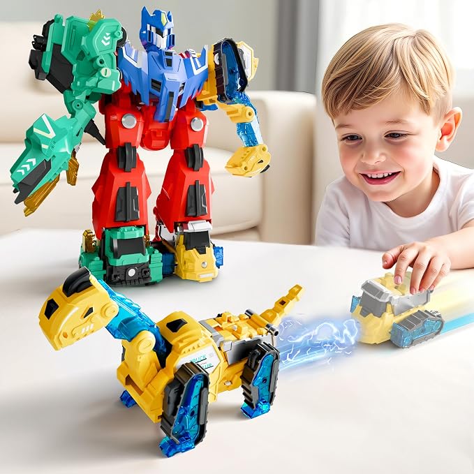 iPlay, iLearn Kids Dinosaur Transform Robot Toy Magnetic Transforming Truck | 6-in-1 Dinosaur Construction Trucks, Toddler STEM Assemble Building Toy, Cool Birthday Gift Age 3 4 5 6 7 8 Year Old Boy Girl