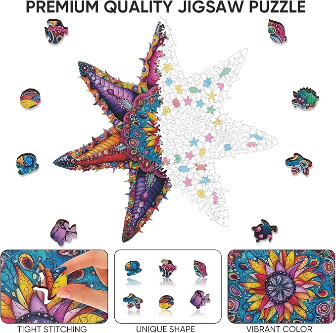 Qiuenisray Wooden Jigsaw Puzzles for Adult 500 Piece, Starfish Ocean Puzzle | Wood Jigsaw Puzzles, Wall Decor, FSC Certified Unique Shape Adult Puzzles Piece, Creative Gift for Family Games 20.3x20.3 in