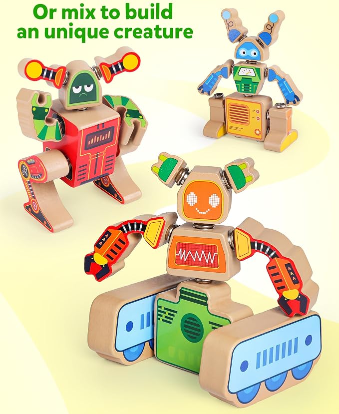 Coogam Fine Motor Building Robot Blocks for 3 4 5 Years Old Kids | Wooden Snap Together Builders, STEM Take Apart Robot Playset, Educational Learning Toy Gift for Boys Girls