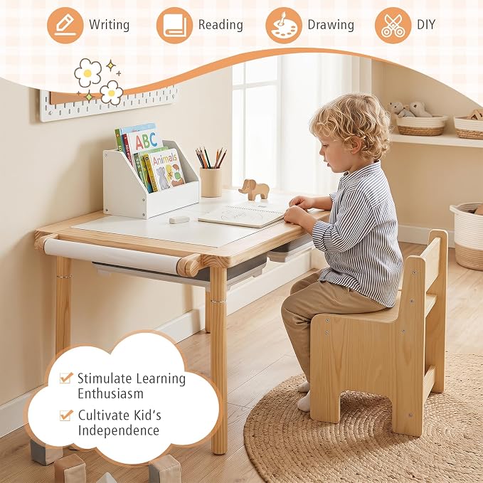 HONEY JOY Sensory Table and Chair Set, Wooden Sand & Water Activity Set w/Adjustable Height, Dual Sided Top, 2 Bins, Paper Roll & 2 Hooks for Art, Study, Craft, Gift for Boys Girls 3+