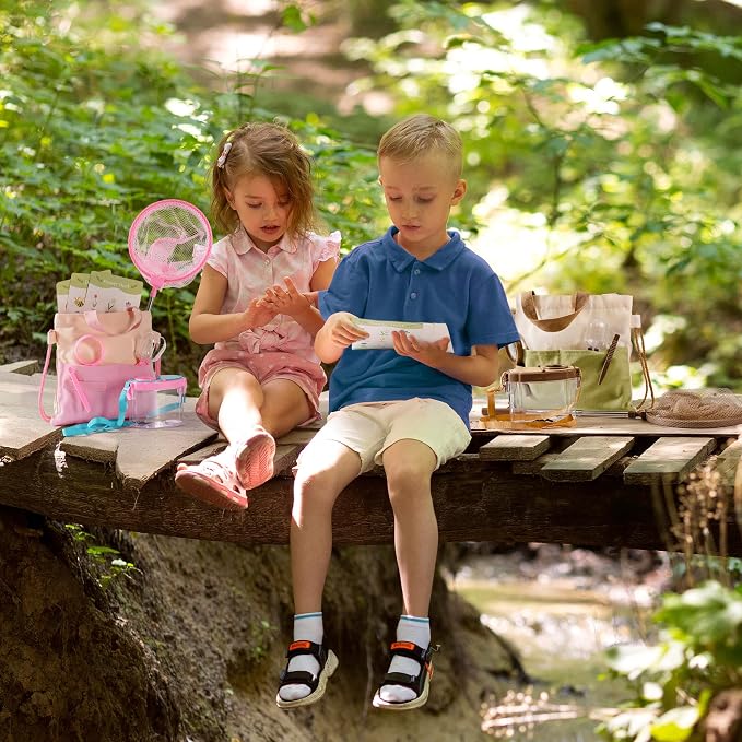 ROBOTIME Twin Color Catcher Kit for Kids: 2-Person Outdoor Explorer Set with Green & Pink Gear | Complete Hunting Kit for Siblings & Friends Ages 3+