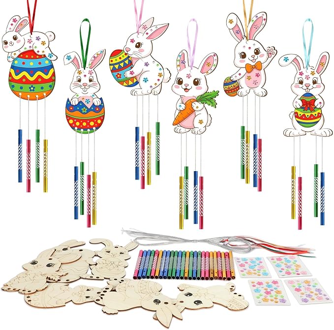 Wooden Easter Bunny Wind Chime Kits Make Your Own Easter Crafts for Kid Coloring DIY Easter Rabbit Wind Chime for Spring Party School Classroom Hanging Decoration Supplies Birthday Favor 6 Pack