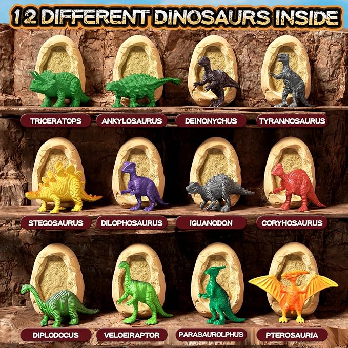 12 Dinosaur Eggs Dig Kit Toys for Kids, Excavation Kit with Magnifier | Easter Basket Stuffers, Science STEM Birthday Party Favors, Gifts for Boys Girls Age 3 4 5 6 7 8 9 10 + Years Old