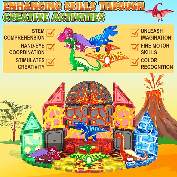 Magnetic Tiles Lava Dinosaur Toys Magnetic Blocks Building Set for Kids 3+ | Dinosaur Toys for Kids 3-5 5-7 6-8, Toddler Sensory Toy for Boys and Girls, Christmas Birthday Gifts, Classroom Must Haves