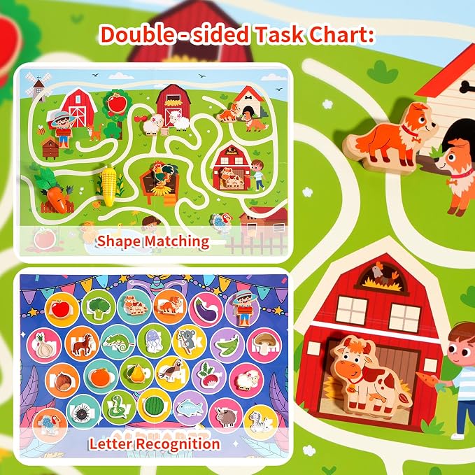 INIFEIDALA Montessori Farm Learning Game for Toddlers 3-5 | Wooden Activity Board,Challenge Cards,Fine Motor Skills,Sorting & Letter Matching,Screen-Free Educational Toy