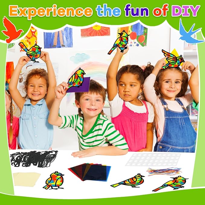 Lonfliness 32 Sets Bird Suncatchers Craft Kit DIY Birds Window Stained Glass Effect Paper Spring Home School Classroom Decoration Art Craft Creative Activity Project Gift Favor