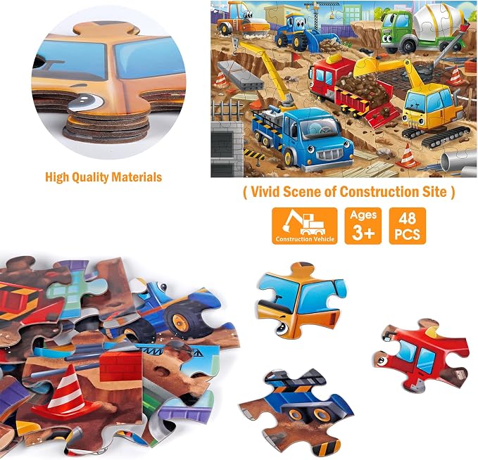 Jumbo Floor Puzzle for Kids,48 Piece Construction Site Jigsaw Puzzle | Construction Vehicle Puzzle,Extra-thick Cardboard,Preschool Learning Toy,35x24 in Completed,Gift for Boys and Girls Ages 3-8