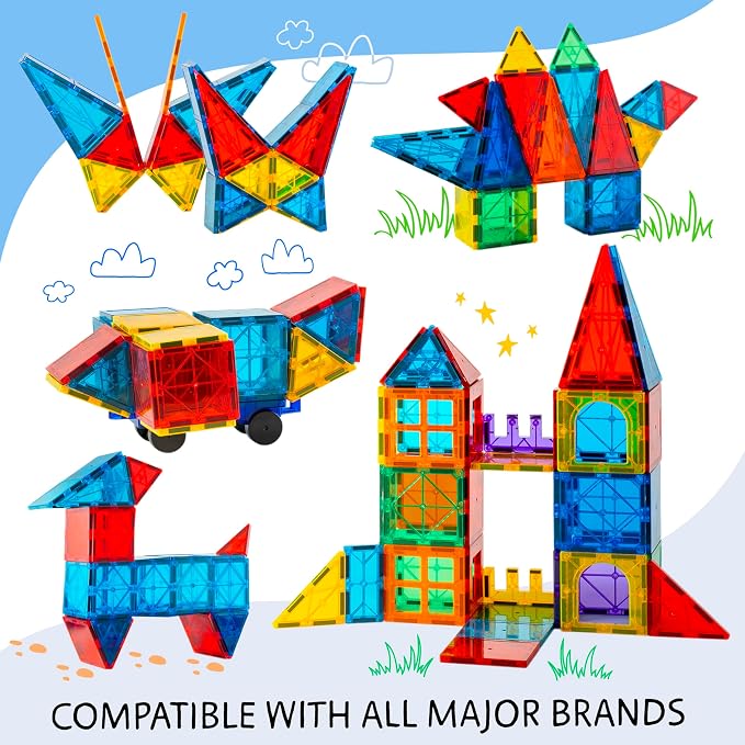 SUNNY AUNTIE Magnetic Tiles STEM Toys Building Set, Ages 3+ - 240 Pieces | Magnetic Tiles Building Toys, STEM Toys, Magnetic Blocks Construction Set, with 2 Cars & Guide Booklet for Kids Ages 3+