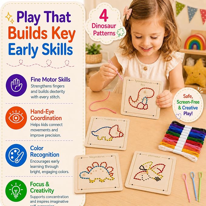 Montessori Wooden Lacing Dinosaur Toys for Toddlers and Kids Ages 2-4 5-7, Sewing Kit Fine Motor Skill Busy Board, Education Sensory Preschool Toy for 1 2 3 4 Year Olds, Birthday Gift for Boys Girls