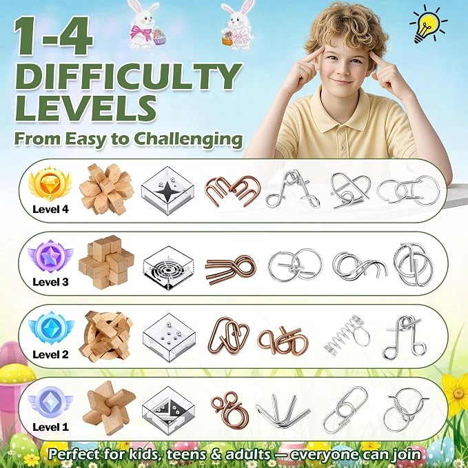 24 Pack Brain Teaser Puzzle Educational Toys for Kids & Adults | Metal & Wooden Puzzles with Balance Challenges, IQ Logic Games and Mind Teaser Toys for Teens Boys Girls