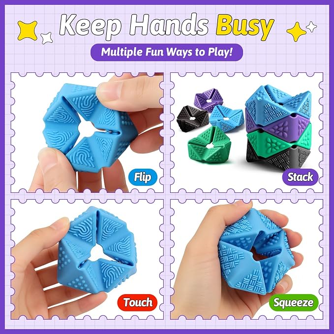 4PCS Sensory Flip Cube Fidget Toys, Quiet Fidget Toy for Kids & Adults | Hexagonal Silicone Sensory Toys for Teens,ADHD,Classroom Prizes,Office Desk Fidgets,Travel Toys,Party Favors,and Gift Ideas