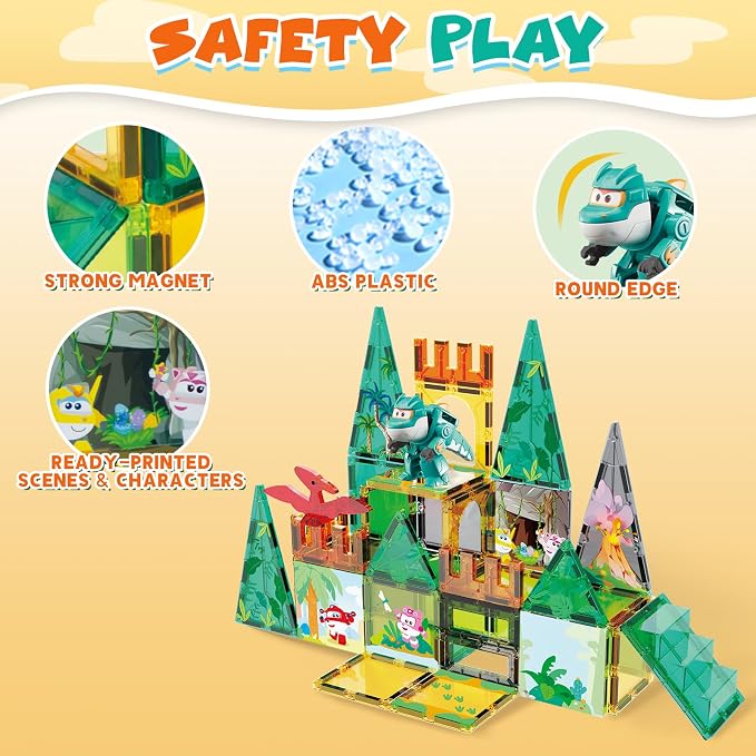 Magnetic Tiles with Tino Dinosaur Transformable Toy, STEM Building Blocks for Kids Ages 3-8, Travel Magnet Construction Set, Educational Dino Toys for Boys Girls Preschool Learning
