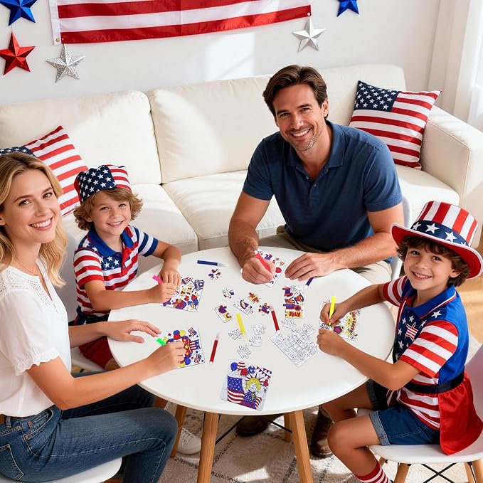 24 Sets 4th of July Crafts for Kids, Patriotic Crafts Activities DIY Puzzle Kits Red White Blue Star Flag Independence Day Memorial Day Jigsaw Painting Arts for Party Favors Gift Supplies Coloring Toy