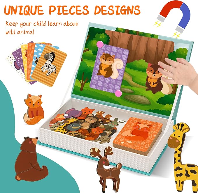 Animal Magnetic Busy Book for Toddlers, 45 Magnet Puzzles Toys | Montessori Quiet Travel Toy with 14 Activity Cards, Magnet Puzzles, Preschool Learning Game for Kids Ages 3+